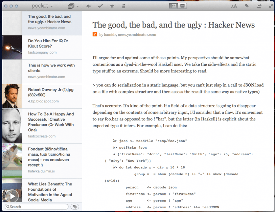 Pocket on MacOS with a cleaned up page Pocket on MacOS with a cleaned up page