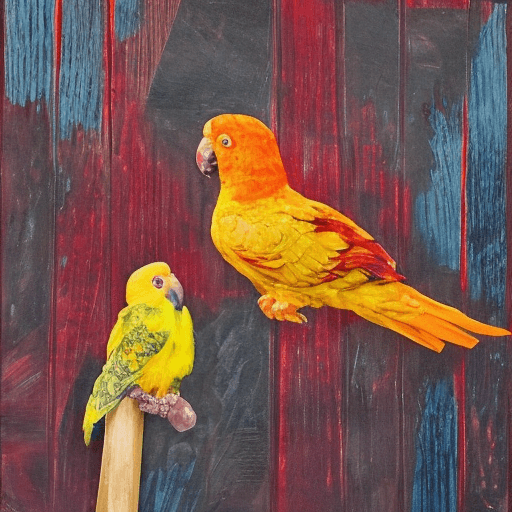 sun conure parrot with red and yellow head sitting on a wooden perch indoors and eating seeds from a bowl abstract style by jeff koons