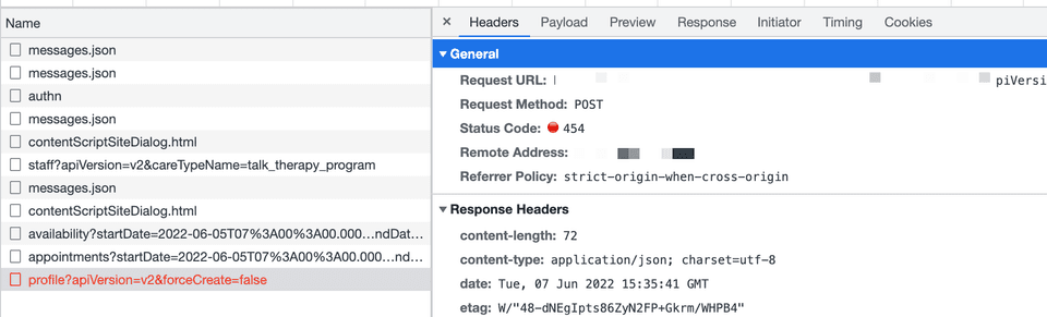 Browser dev tools recognize the error