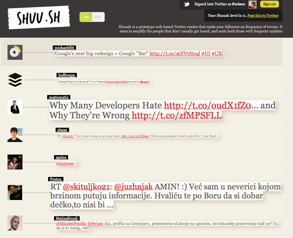 Mousing over a tweet shows the user's score