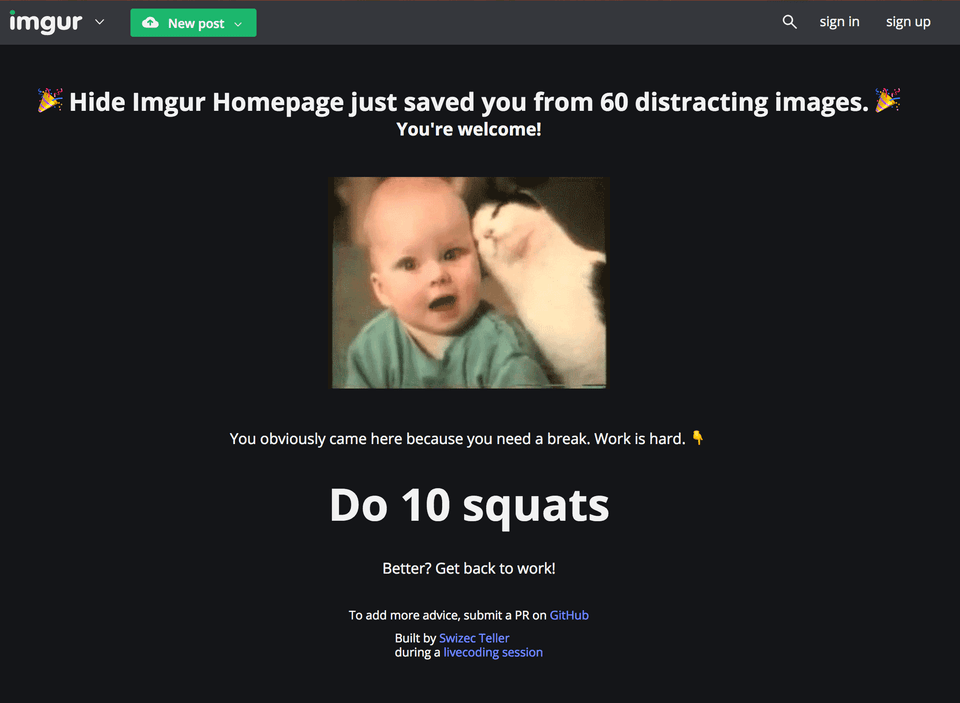 HideImgur replaces the homepage with useful tips
