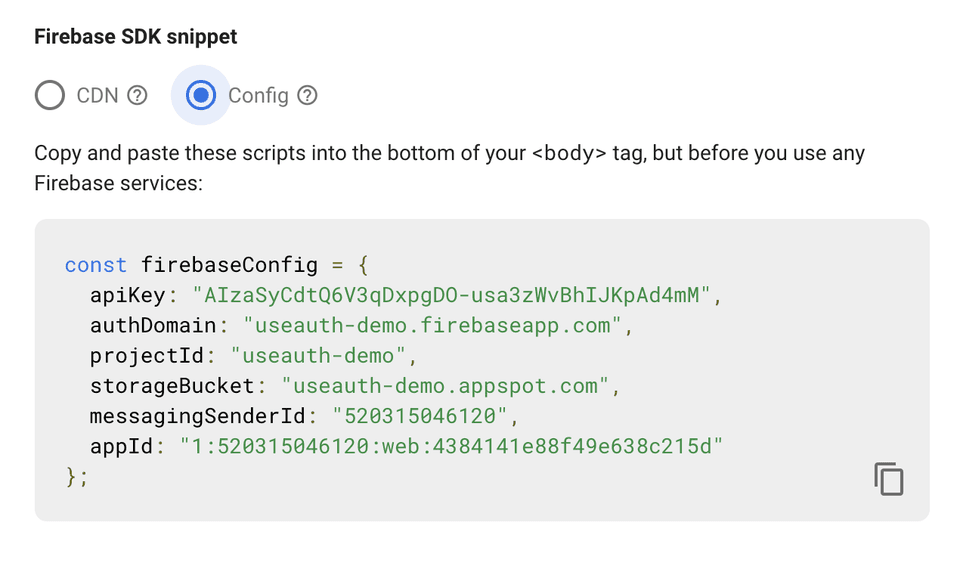 Firebase Config in dashboard