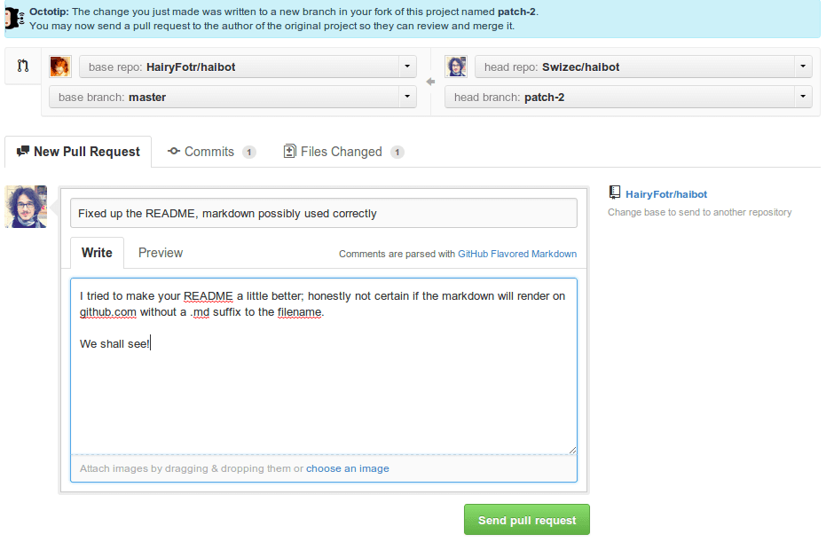 We make a nice pull request, explaining our shenanigans We make a nice pull request, explaining our shenanigans