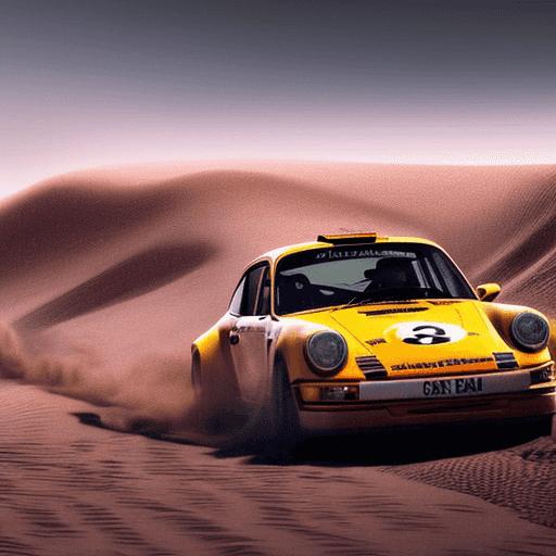 an old porsche 911 rally racing in the sand dunes going very fast during sunset and raising lots of dust photorealistic action shot frontal view