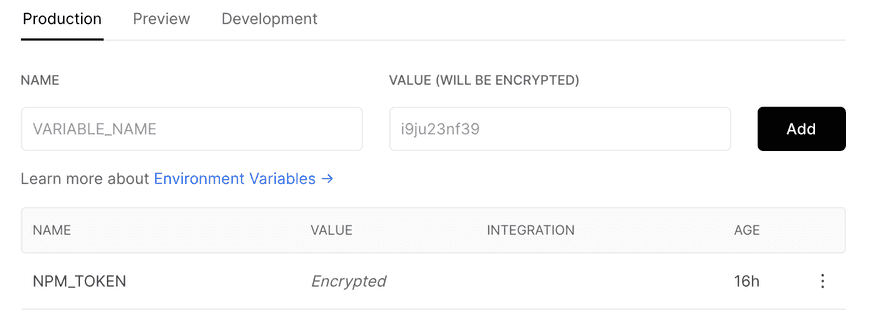 NPM_TOKEN in Vercel config