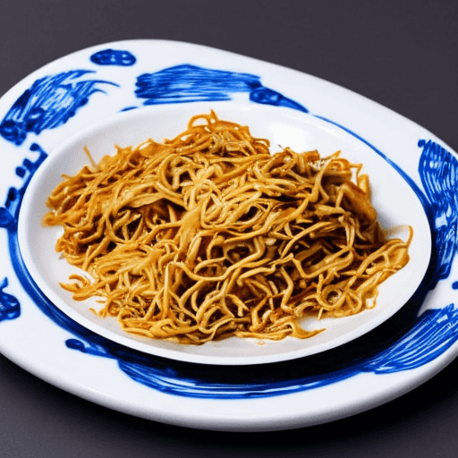 digital painting of a chicken chow mein on a porcelain plate with chopsticks on the table