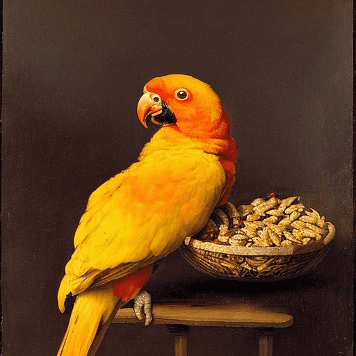 sun conure parrot with red and yellow head sitting on a wooden perch indoors and eating seeds from a bowl by rembrandt