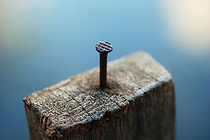 A nail sticking out from a block of wood.