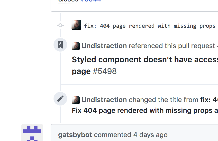 GitHub shows the PR process using connected event icons with descriptions